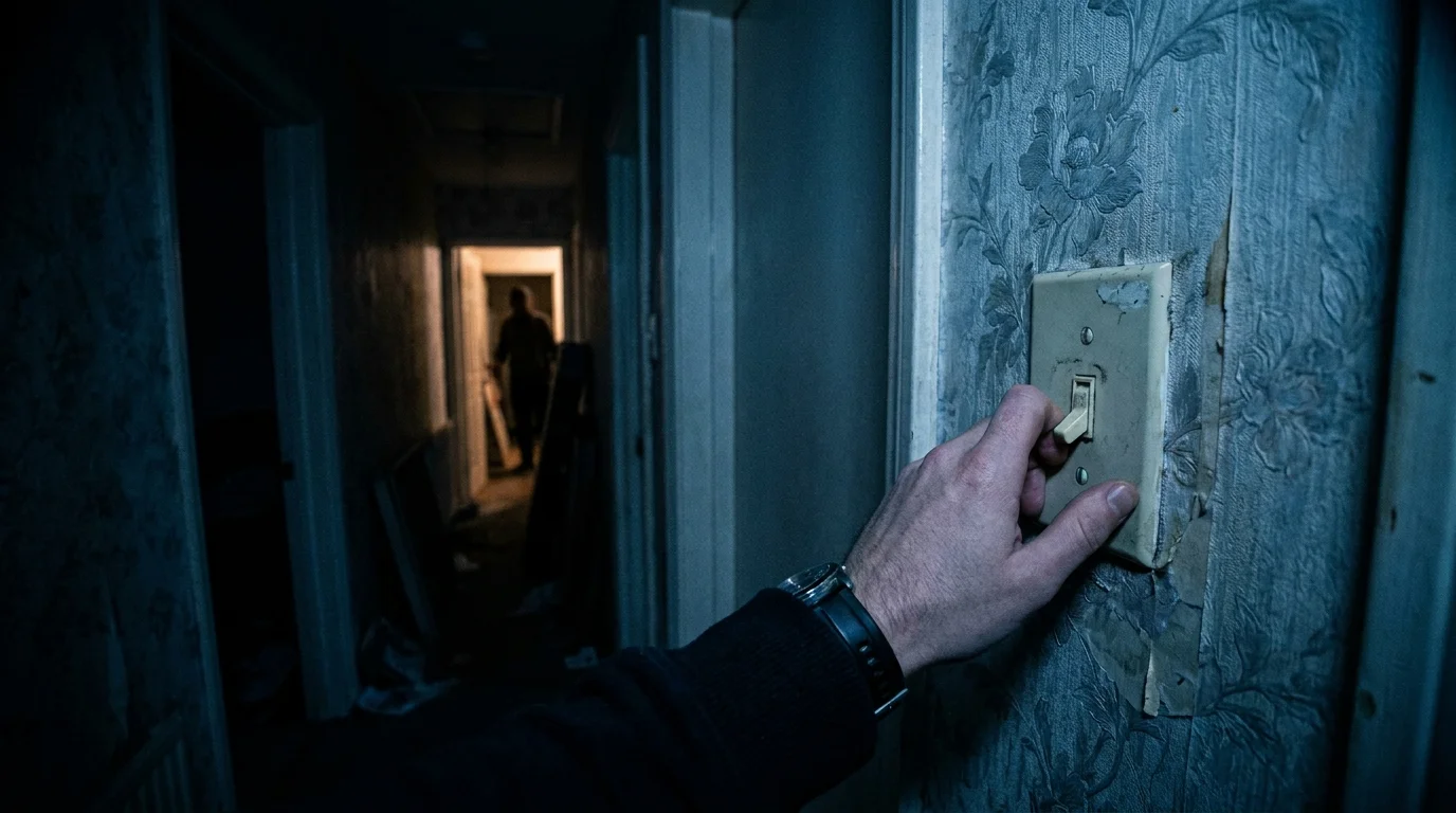 A photo of a hand reaching for a light switch in a dark, shadow-filled hallway at dusk.