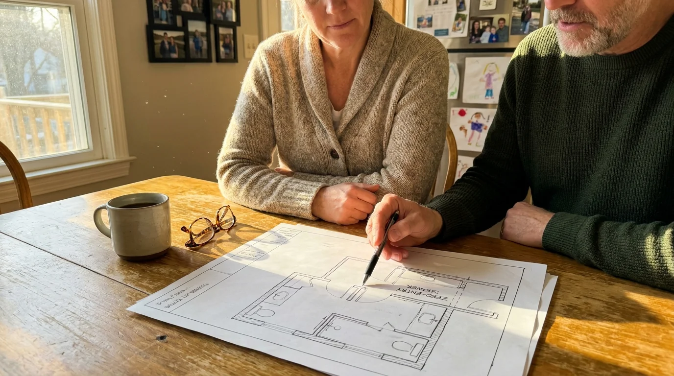 A photo of a homeowner and a consultant sitting at a kitchen table, reviewing a floor plan for a bathroom renovation.