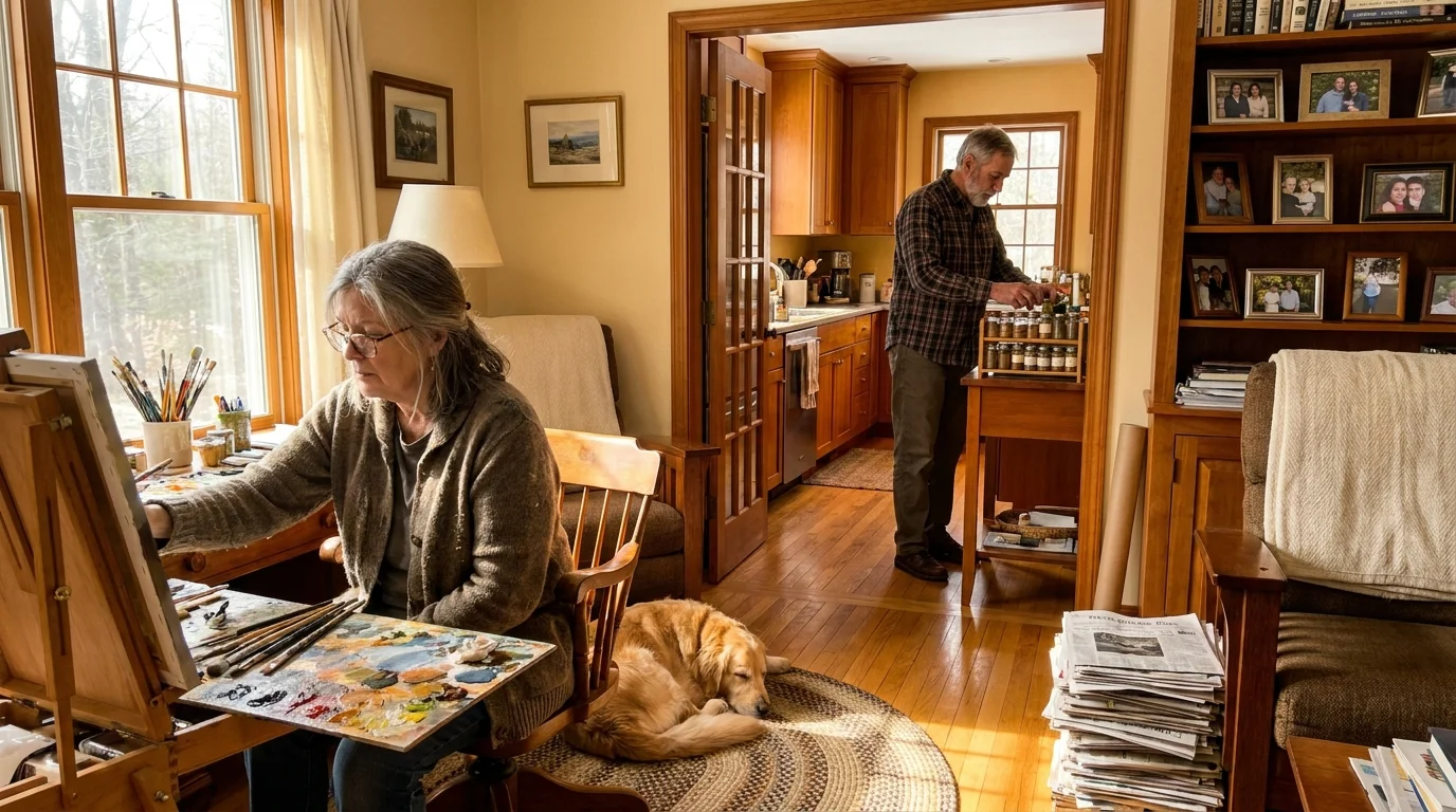 A photo of a retired couple in their home, each engaged in a different hobby in separate rooms, showing their new balance of space.