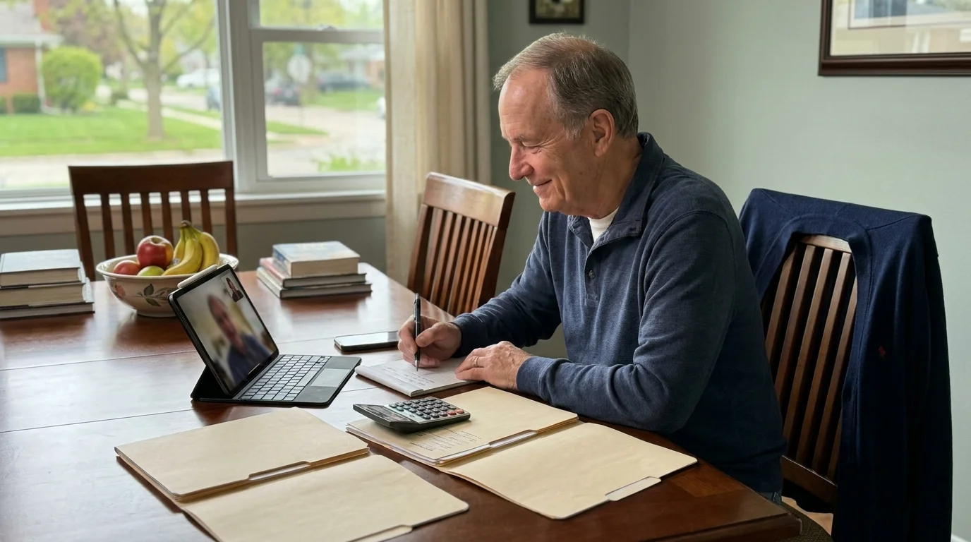 A photo of a retired man having a video call with a financial advisor at his kitchen table, surrounded by his paperwork.