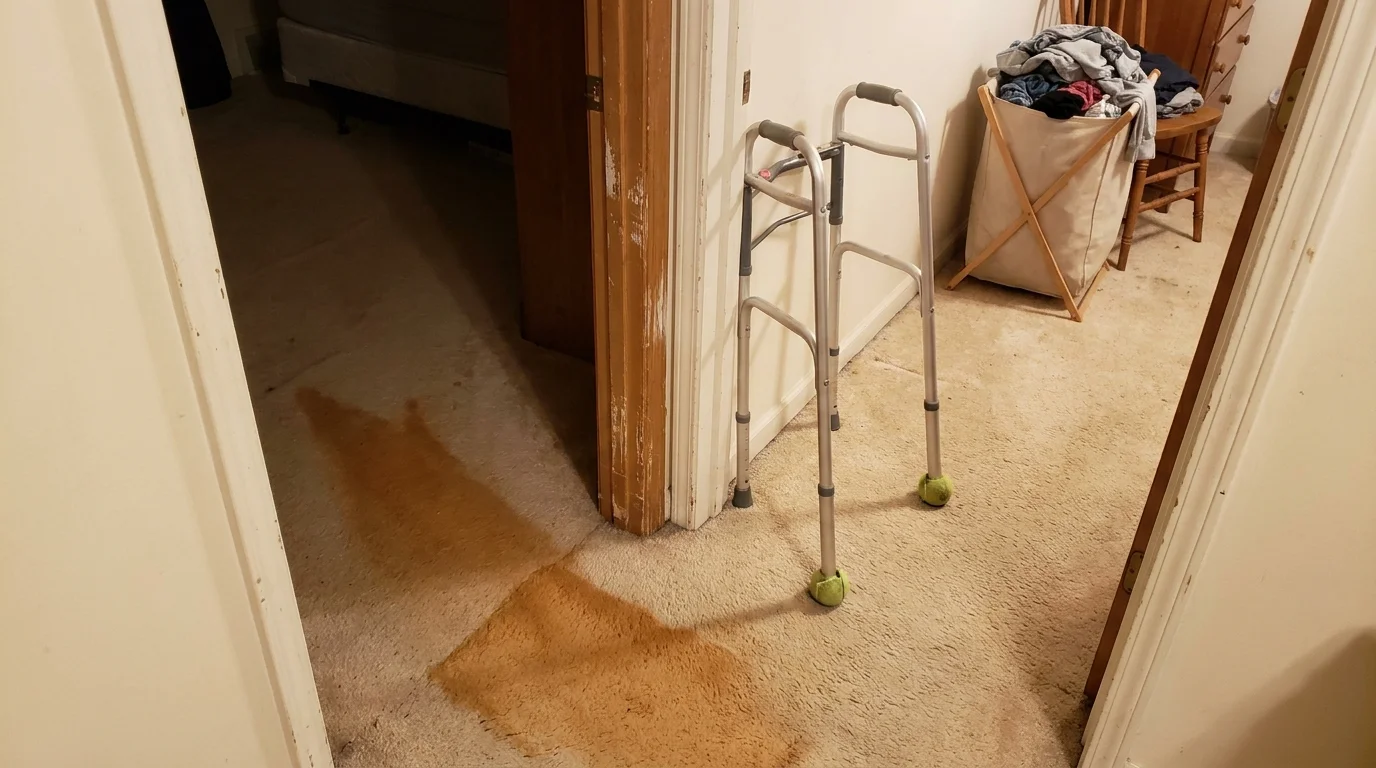A photo of a senior walker positioned in a very narrow doorway, showing how tight the clearance is.