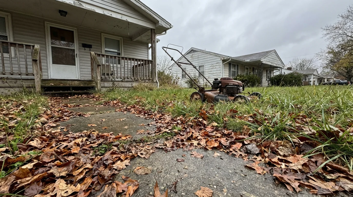 A photo of an overgrown lawn and a leaf-covered walkway leading to a house on an overcast day.
