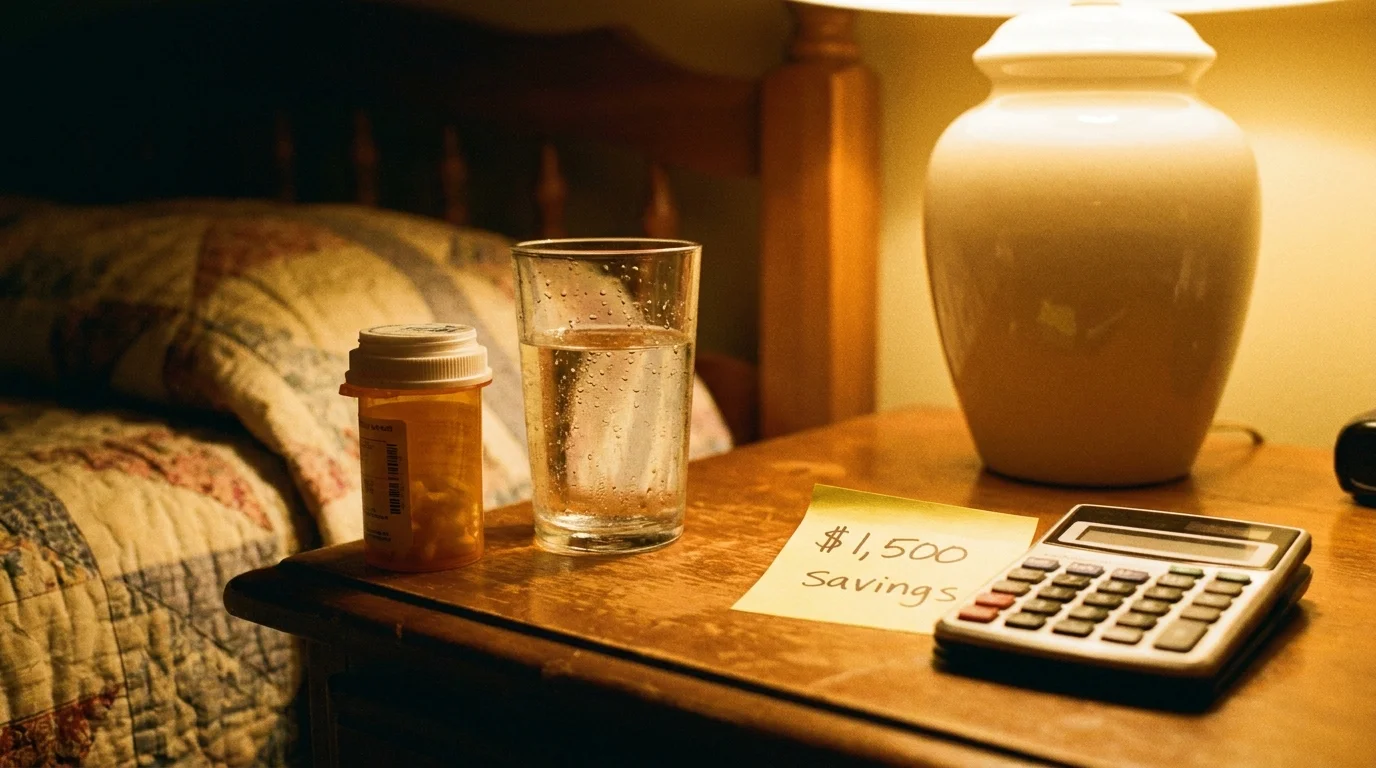 A prescription bottle and a glass of water on a wooden nightstand with a note about pharmacy savings in warm lamp light.
