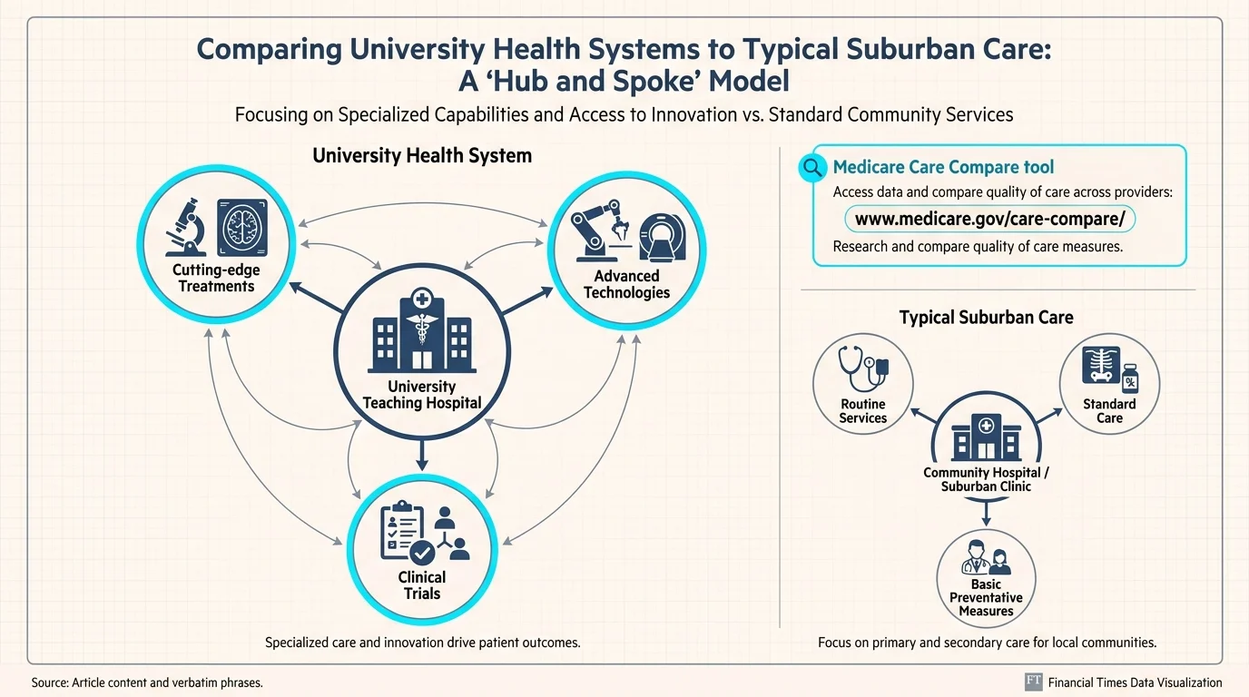 A professional diagram showing the advantages of university teaching hospitals, including clinical trials and advanced technology.