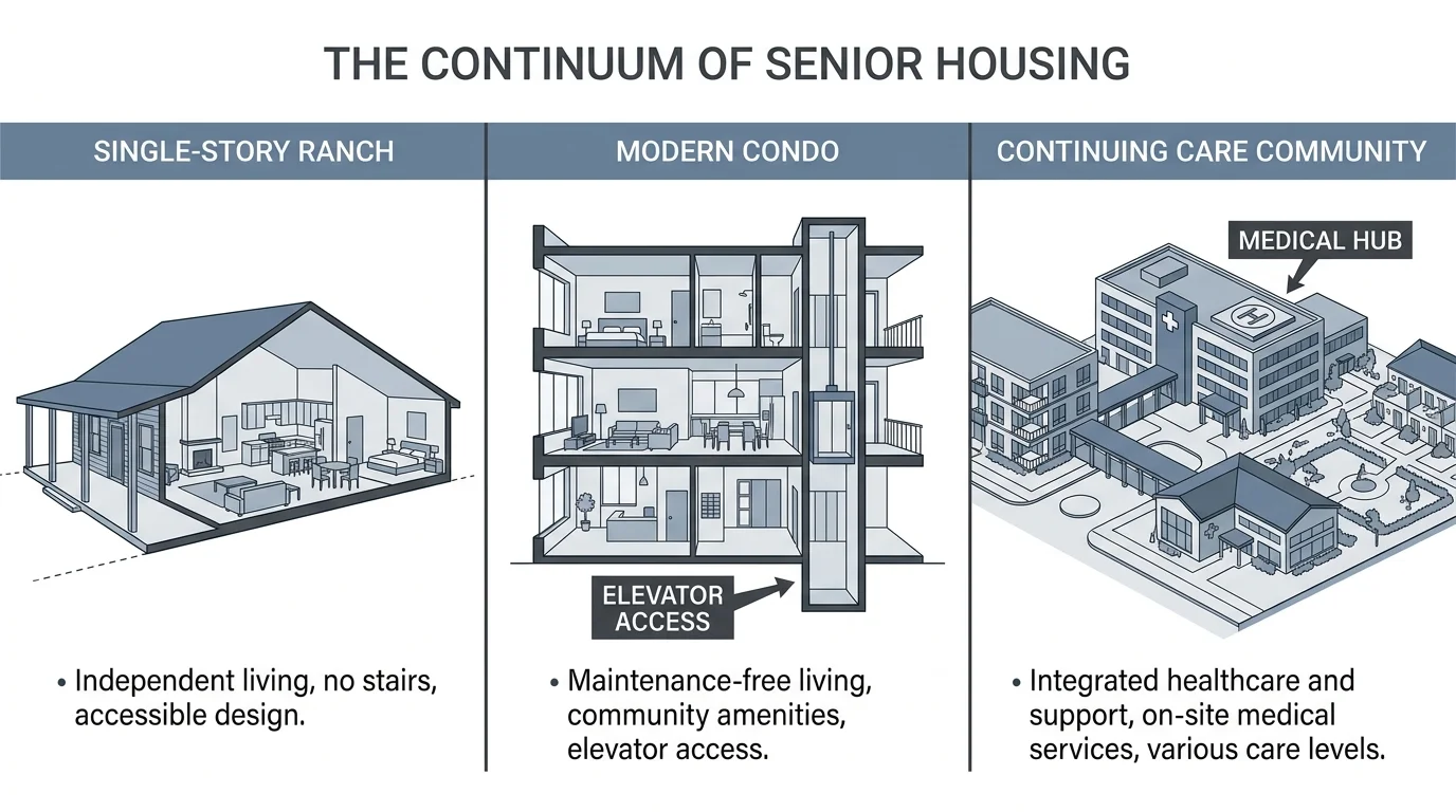 A professional diagram showing the differences between single-story homes, condos with elevators, and continuing care communities.