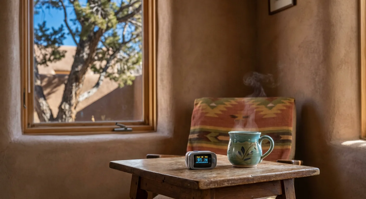 A pulse oximeter and a cup of tea on a table inside an adobe-style house in Santa Fe.