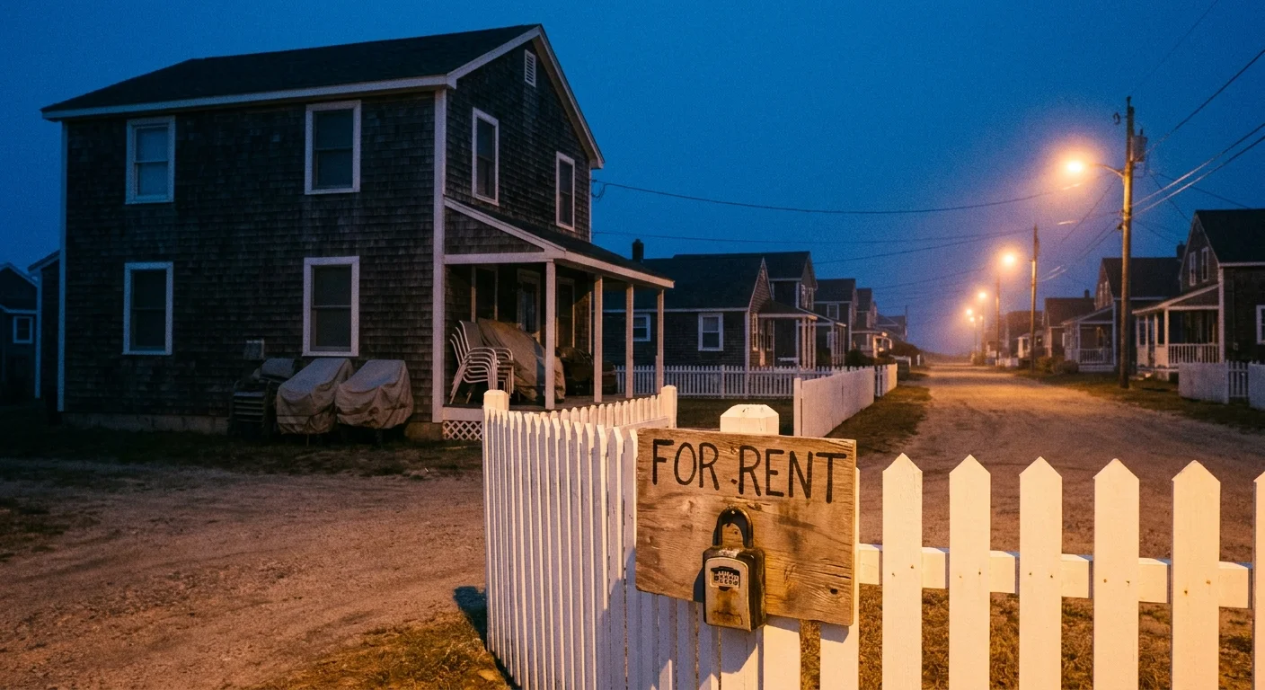 A quiet coastal street at dusk with dark houses and a prominent rental sign, illustrating a lack of permanent neighbors.