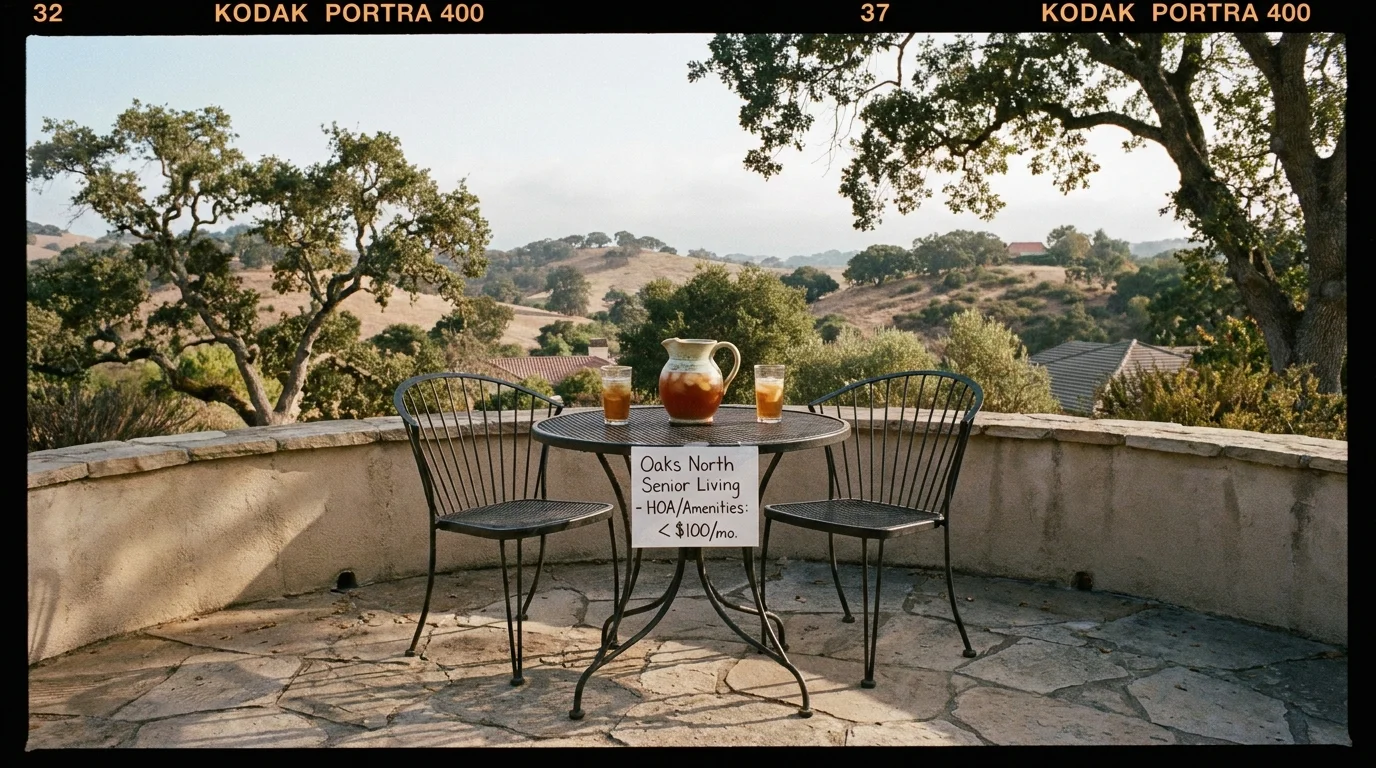 A quiet San Diego patio overlooking hills at Oaks North, representing rare affordable Southern California living.