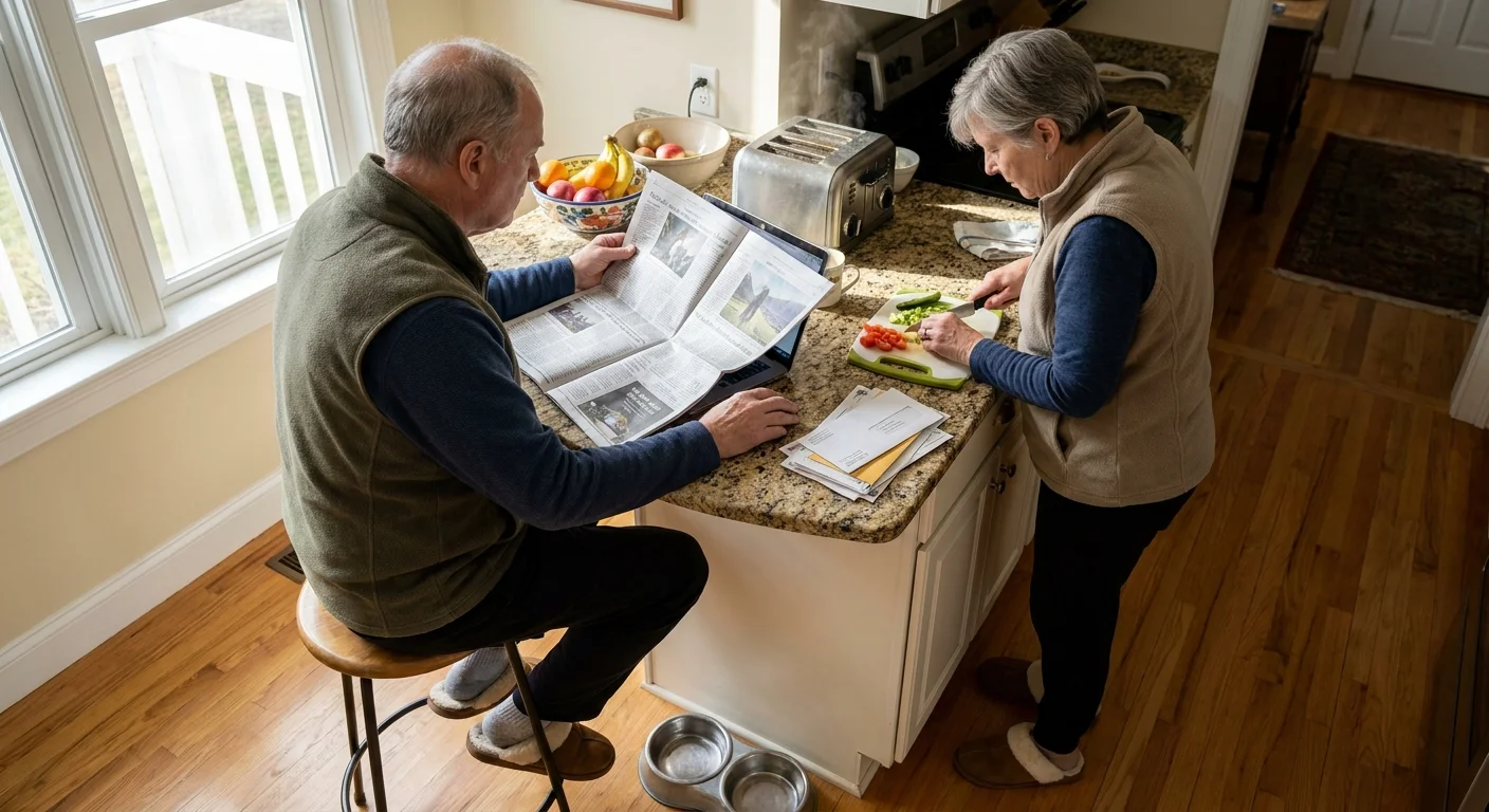 A retired couple awkwardly sharing a small kitchen island, one with a newspaper and the other prepping food, showing limited space.