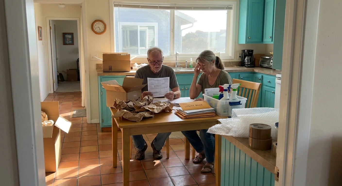 A retired couple looking tired while unpacking boxes in a sunny kitchen, illustrating the reality of relocating vs. vacationing.