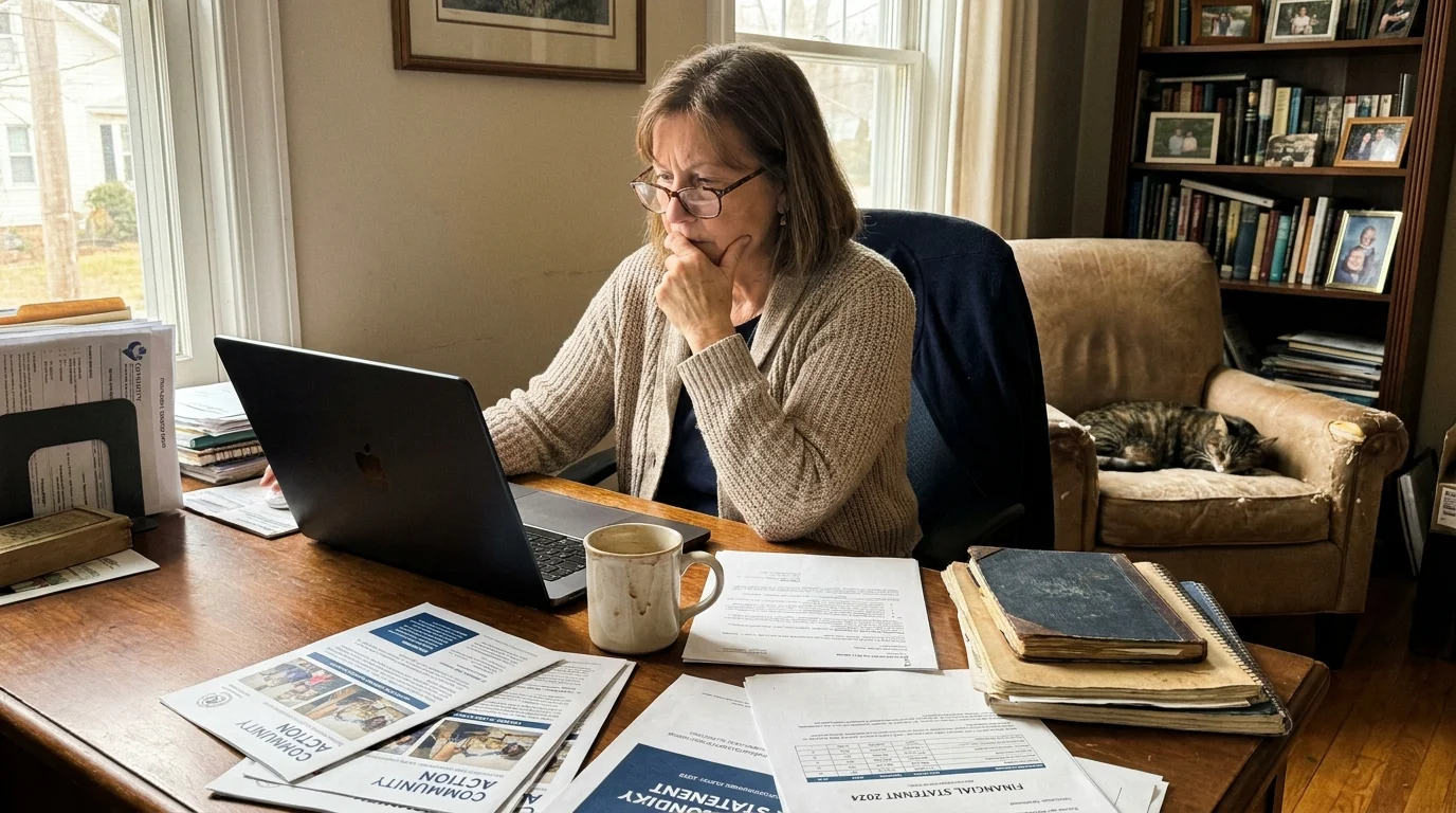 A retired woman in her home office carefully reviewing financial papers and community brochures on her laptop.