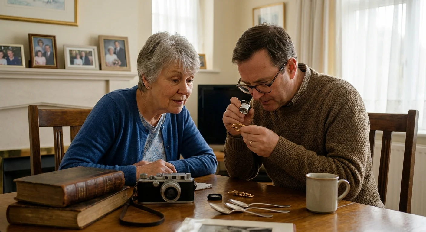 A retiree and an appraiser sit at a dining table examining vintage items together with a magnifying loupe.