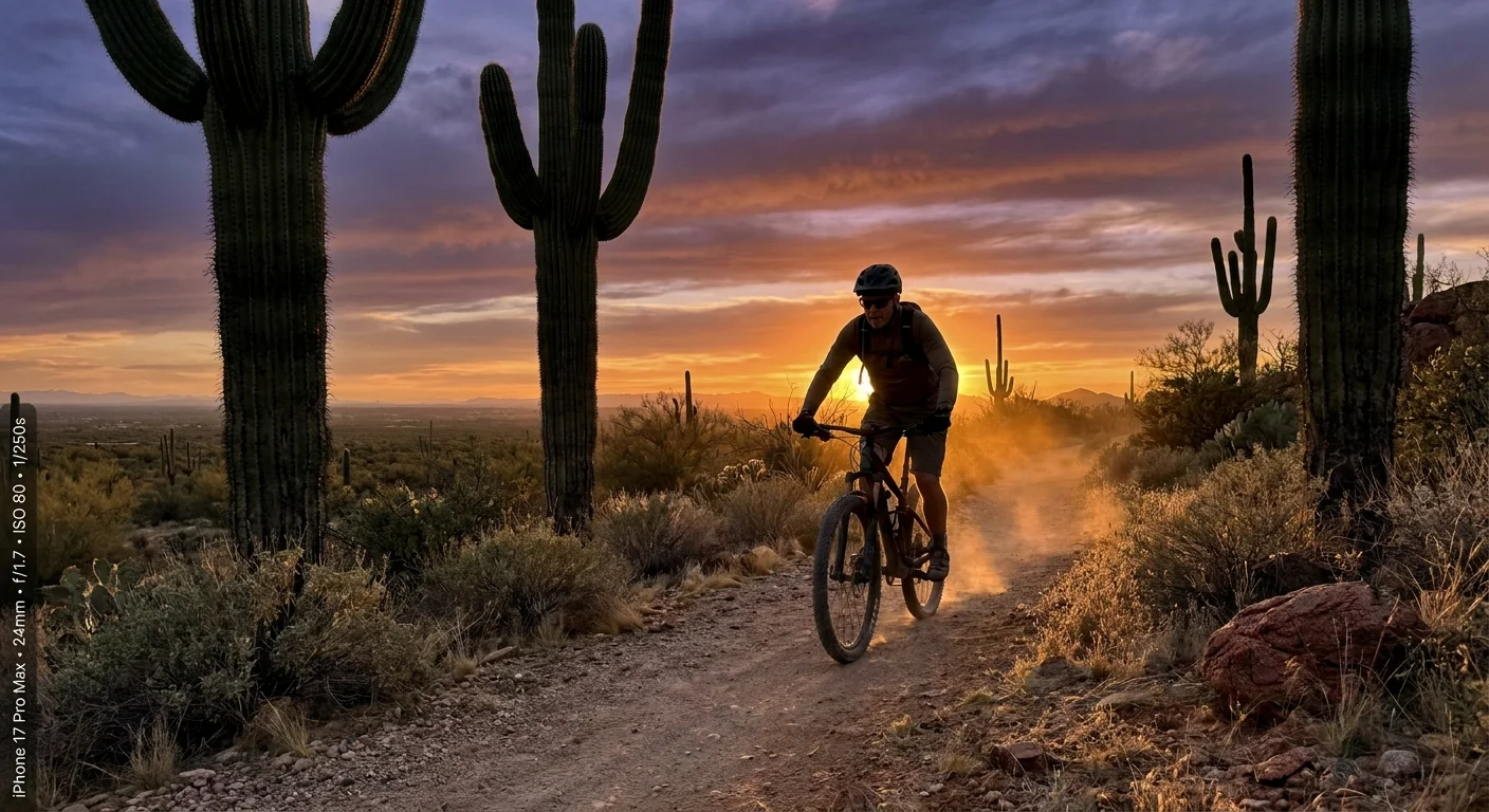 A retiree cycling through a desert landscape of Saguaro cacti during a vibrant Tucson sunset.