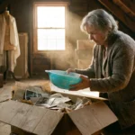 A retiree in a sunlit attic discovers a vintage turquoise Pyrex bowl inside an old cardboard box.