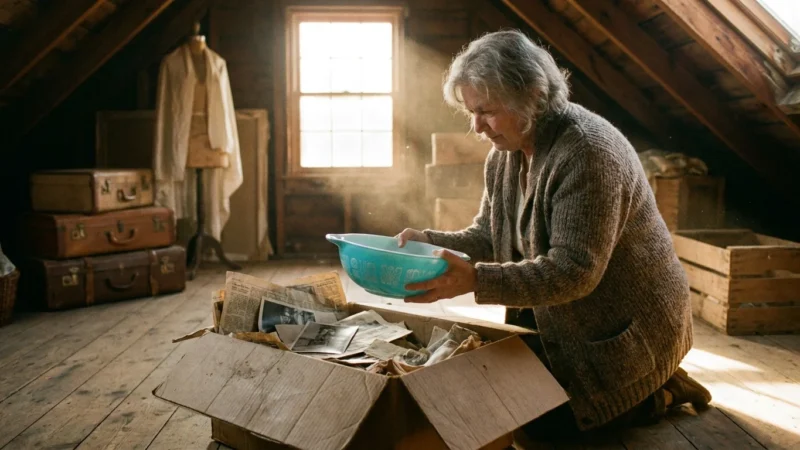 A retiree in a sunlit attic discovers a vintage turquoise Pyrex bowl inside an old cardboard box.