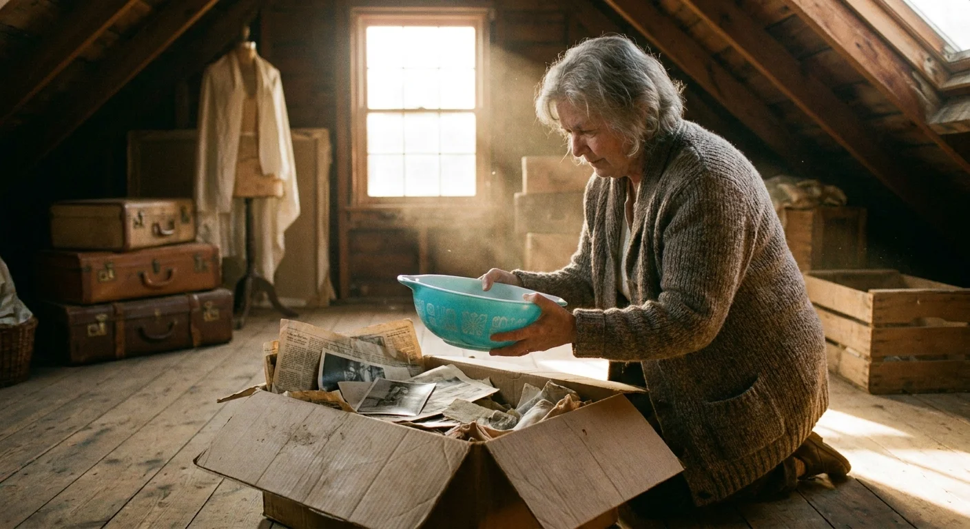 A retiree in a sunlit attic discovers a vintage turquoise Pyrex bowl inside an old cardboard box.