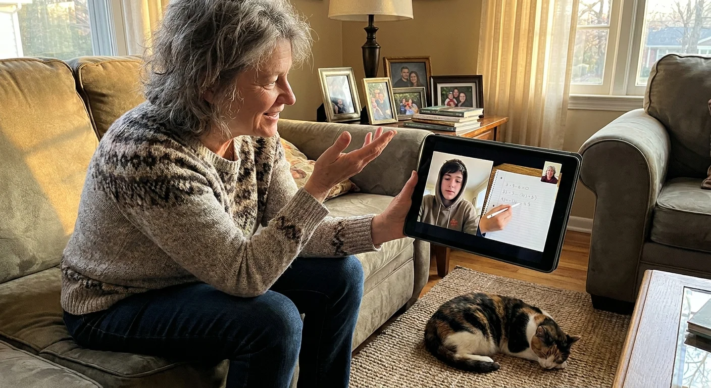 A retiree using a tablet to tutor a student remotely from the comfort of her living room sofa.
