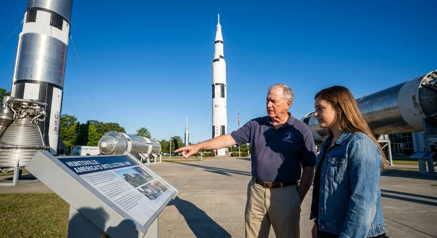 A retiree visiting the space center in Huntsville, Alabama, symbolizing the city's intellectual and technical character.