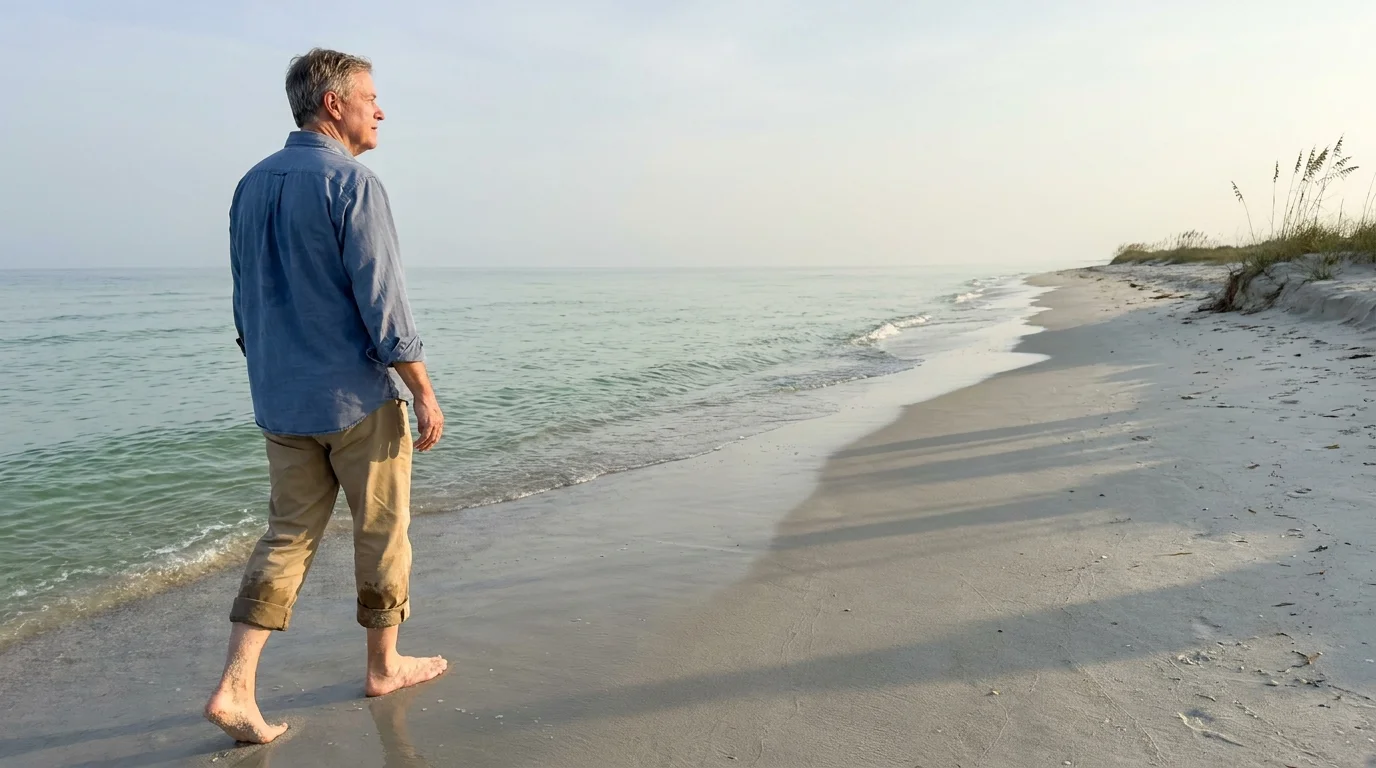 A retiree walks barefoot along a serene, sun-drenched beach with emerald water and white sand under a clear morning sky.