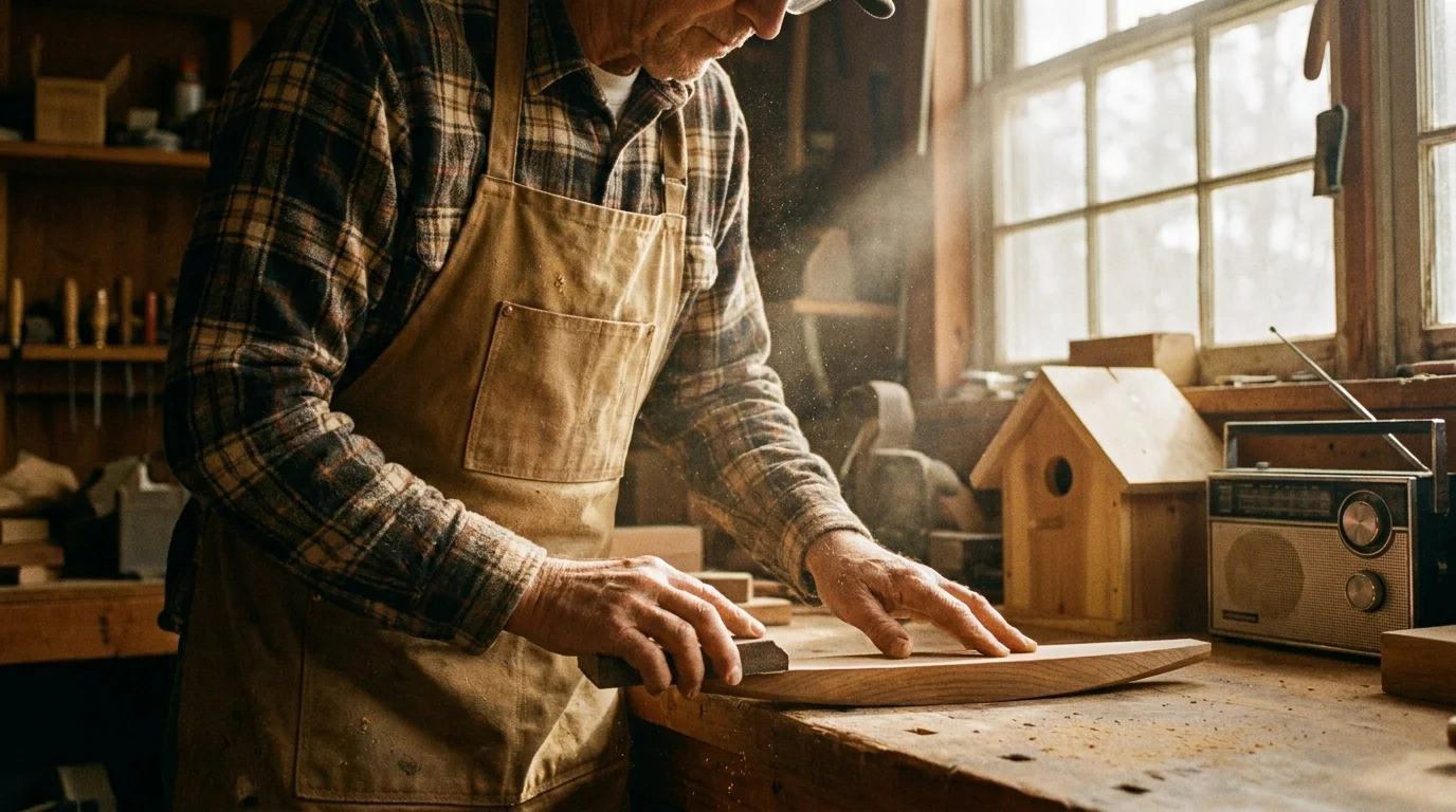 A retiree working on a woodworking project in a sunlit garage, surrounded by tools and sawdust.