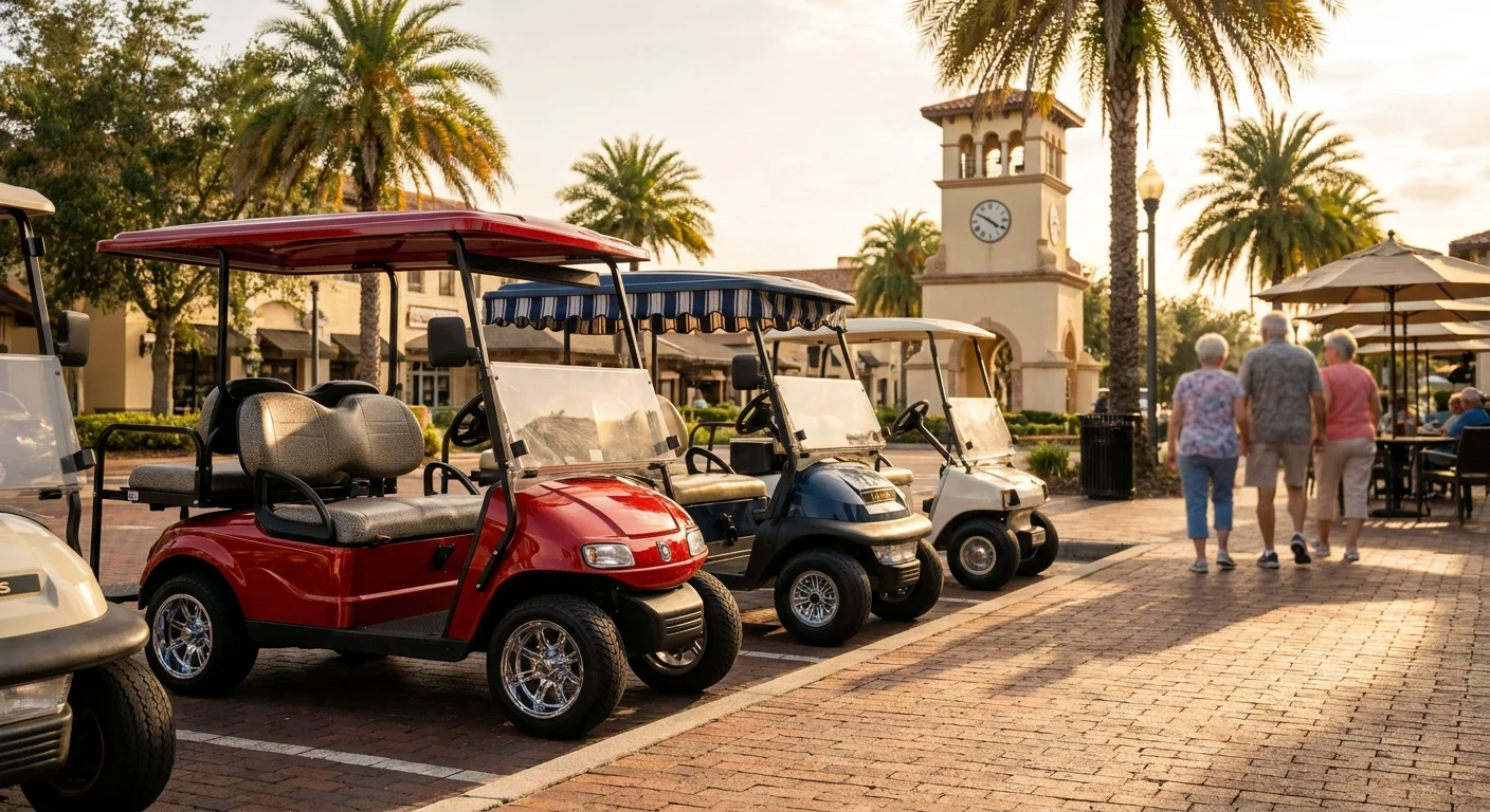 A row of colorful, customized golf carts parked in a sunny, Spanish-style town square in central Florida.