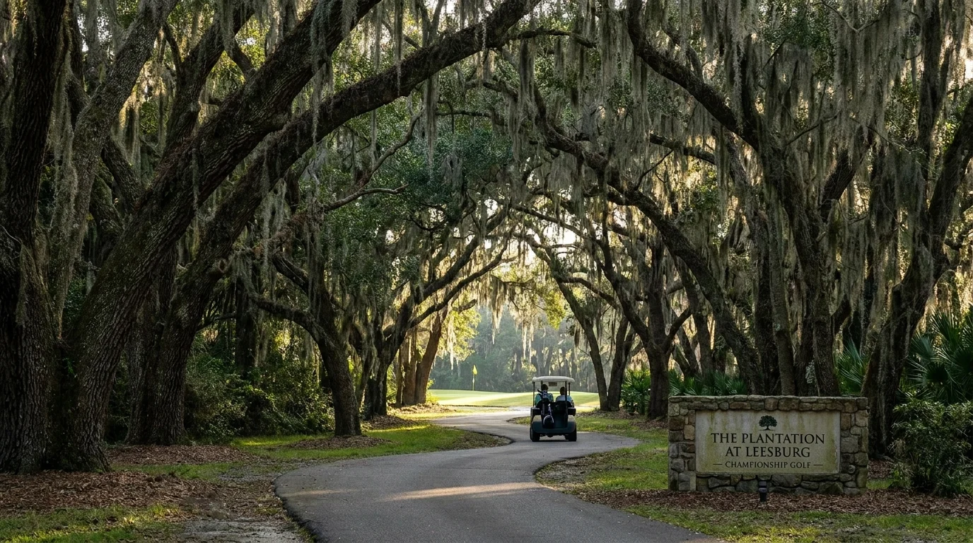 A scenic view of a moss-draped oak canopy and golf course at The Plantation at Leesburg, Florida.