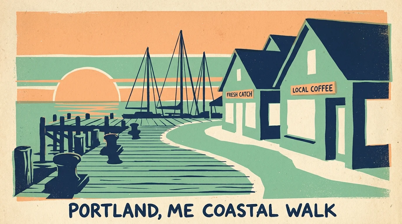 A screenprint illustration of the Portland, Maine waterfront featuring shops, sailboats, and a sunset sky.