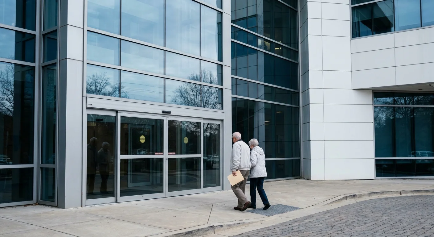 A senior couple approaching a modern medical facility in Winston-Salem, symbolizing access to high-quality healthcare.