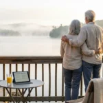 A senior couple stands on the balcony of a modern smaller home overlooking a lake at sunrise, symbolizing a fresh start after downsizing.