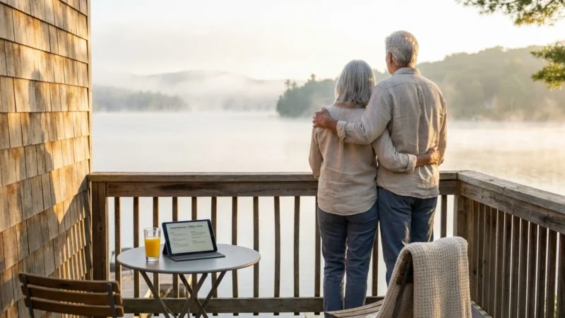 A senior couple stands on the balcony of a modern smaller home overlooking a lake at sunrise, symbolizing a fresh start after downsizing.