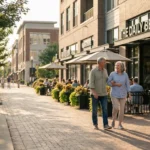A senior couple walks through a sun-drenched, walkable suburban downtown with brick buildings and green trees.
