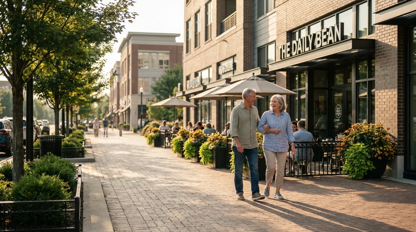 A senior couple walks through a sun-drenched, walkable suburban downtown with brick buildings and green trees.