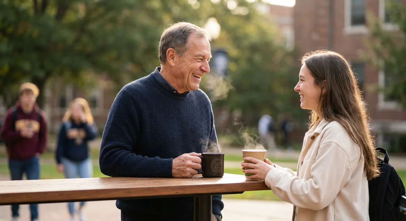 A senior man and a young student sharing a laugh and coffee at an outdoor campus cafe, highlighting intergenerational connection.