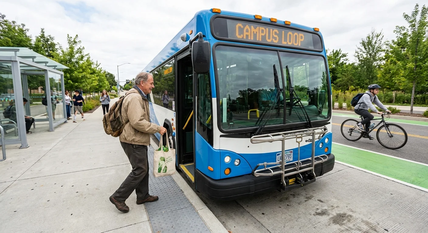 A senior man boarding a modern campus bus at a clean, well-lit transit stop with bike lanes in the background.