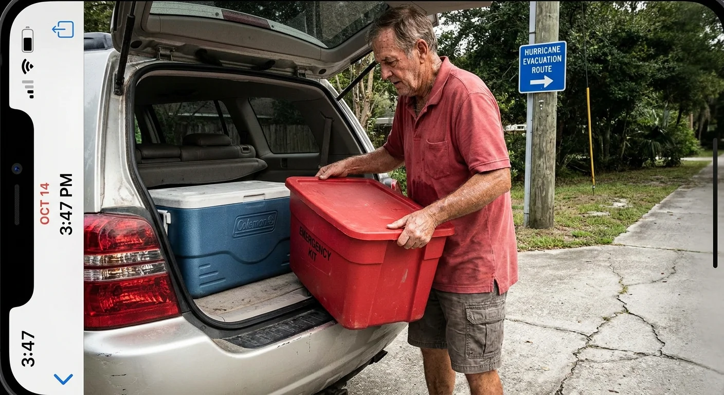 A senior man loading supplies into his car for a hurricane evacuation in Galveston, Texas.