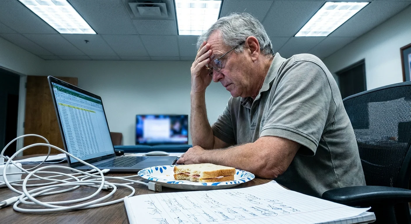 A senior man looking frustrated and overwhelmed at a desk with a laptop and tangled wires.