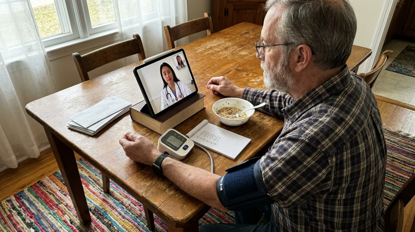 A senior man using a tablet for a telehealth appointment at his dining table, with medical tools nearby.