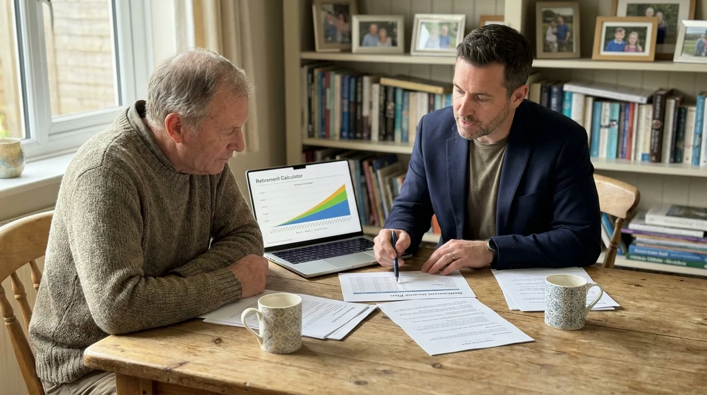 A senior person and an advisor sit at a kitchen table covered in paperwork and a laptop for a consultation.