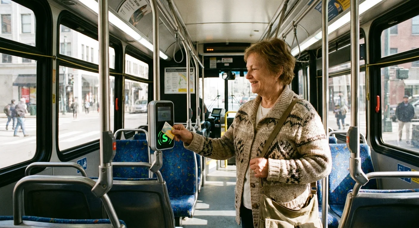 A senior woman boarding a city bus, highlighting the accessibility and benefits of local 'Free Ride' programs.
