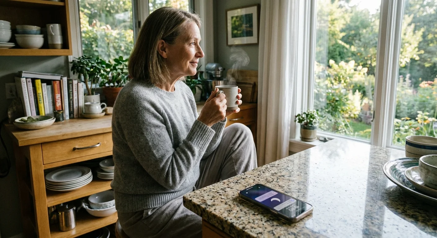 A senior woman enjoying a quiet morning with her phone set to 'Do Not Disturb' on the kitchen counter.