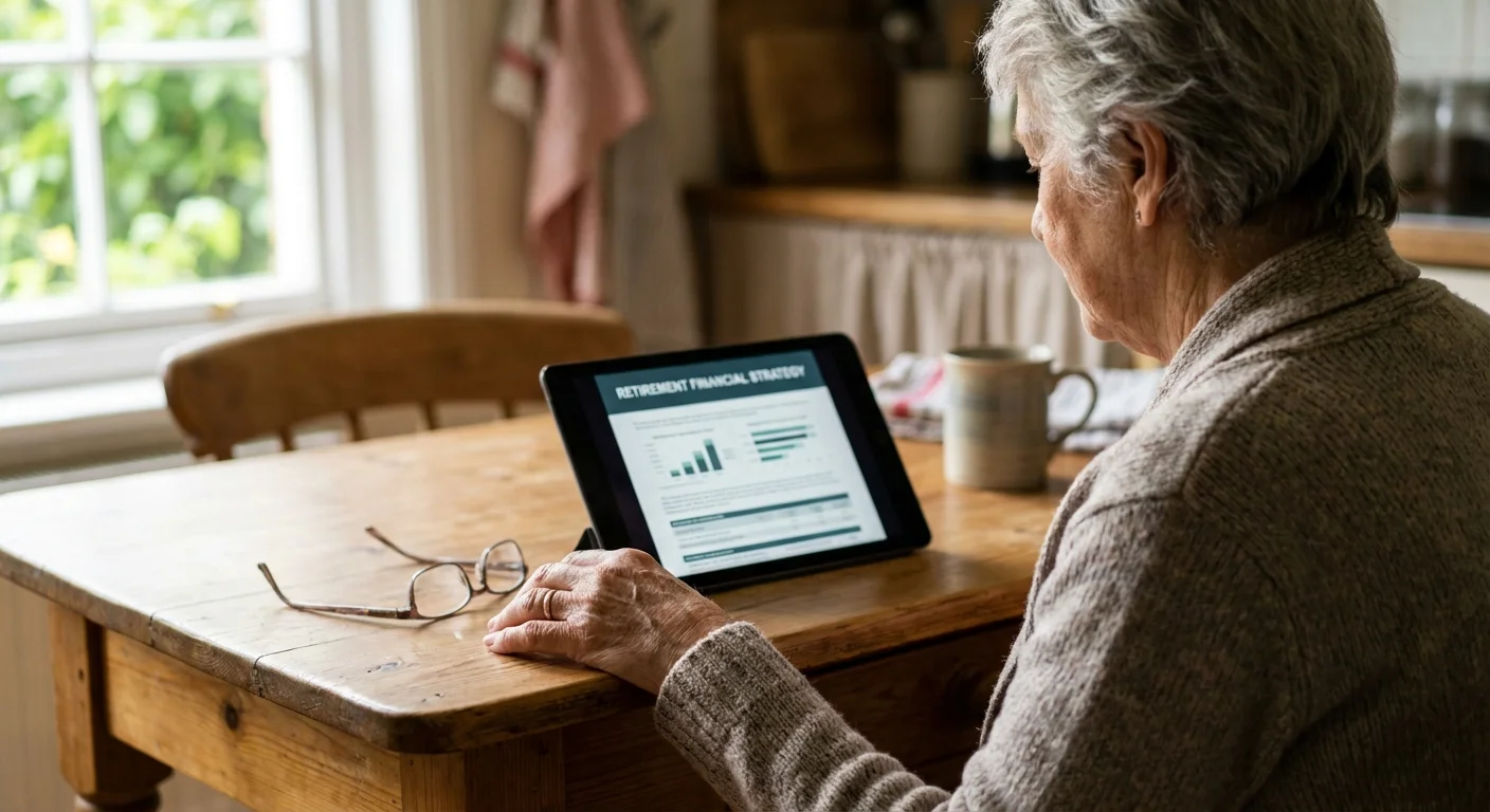 A senior woman reviewing a retirement financial strategy document on a tablet at her kitchen table.