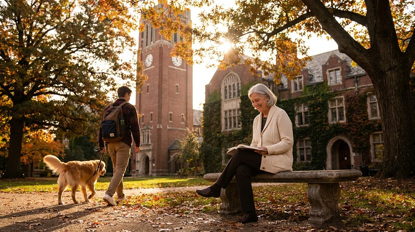 A senior woman sitting on a university bench smiling at a student, with historic brick campus buildings and autumn trees in the background.