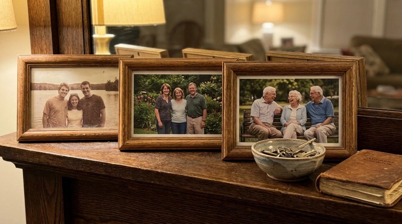 A shelf holding three photos of the same friends over several decades, symbolizing long-term community stability.