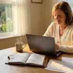 A smiling retiree working on her laptop at a sunlit kitchen table, representing the freedom of earning income from home.
