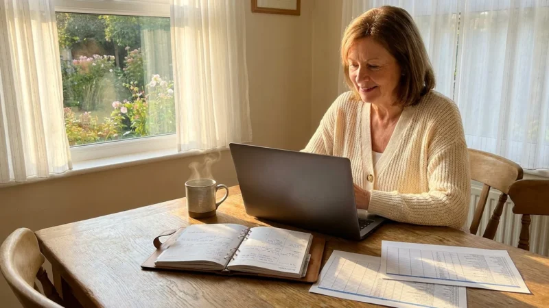 A smiling retiree working on her laptop at a sunlit kitchen table, representing the freedom of earning income from home.