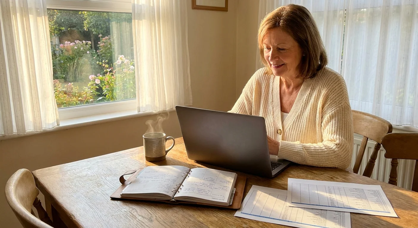 A smiling retiree working on her laptop at a sunlit kitchen table, representing the freedom of earning income from home.