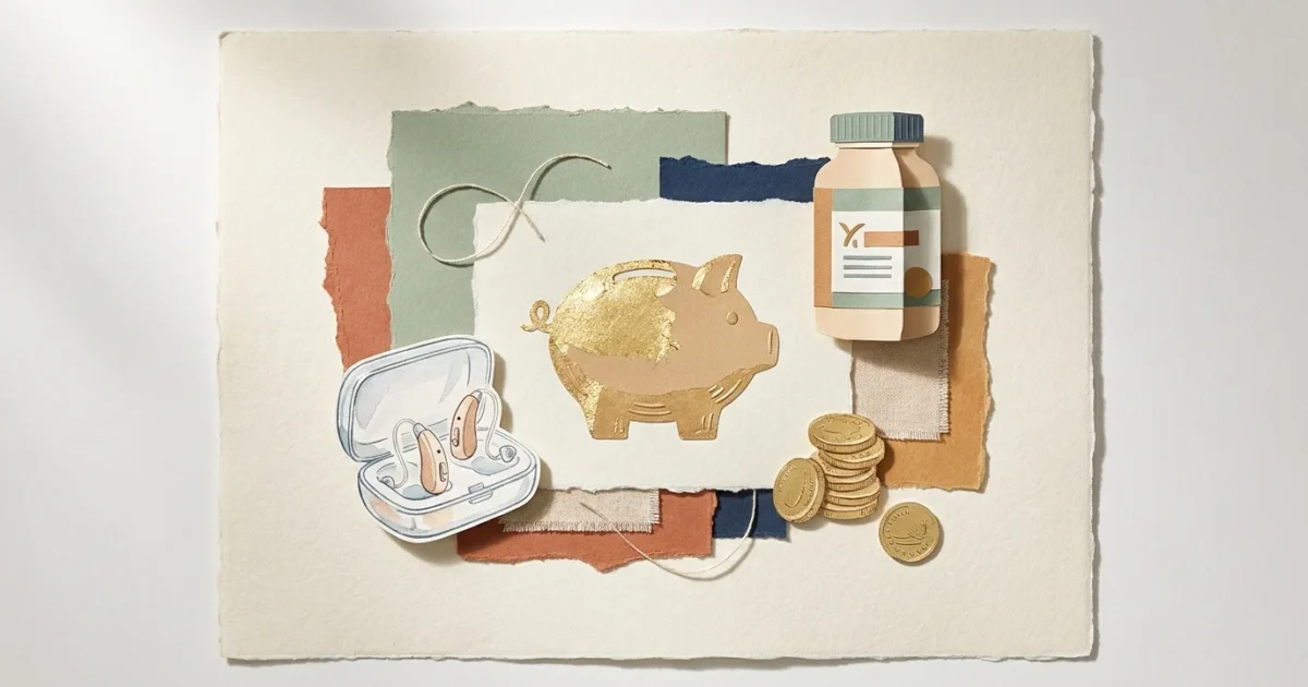 A sophisticated paper-cut collage featuring a golden piggy bank, hearing aids, and vitamin bottles in sage and terracotta tones.