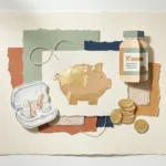 A sophisticated paper-cut collage featuring a golden piggy bank, hearing aids, and vitamin bottles in sage and terracotta tones.