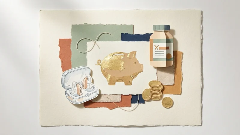 A sophisticated paper-cut collage featuring a golden piggy bank, hearing aids, and vitamin bottles in sage and terracotta tones.