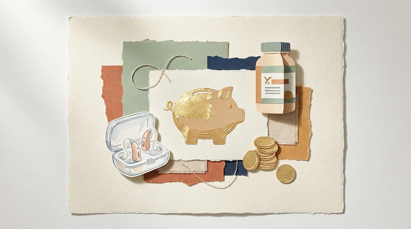 A sophisticated paper-cut collage featuring a golden piggy bank, hearing aids, and vitamin bottles in sage and terracotta tones.